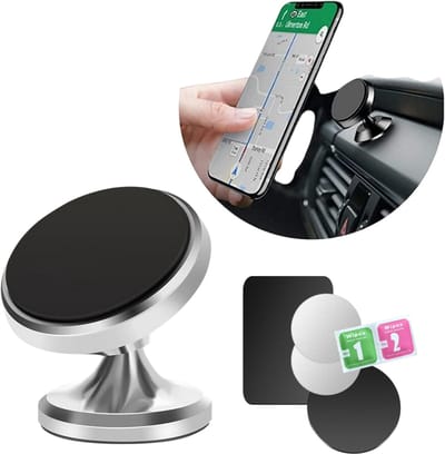 Magnetische verstelbare telefoonhouder incl. 4 Metalen plaatjes - 360° draaibaar - Autohouder telefoon - GSM houder auto - Dashboard - Magneet Telefoonhouder - Zilver