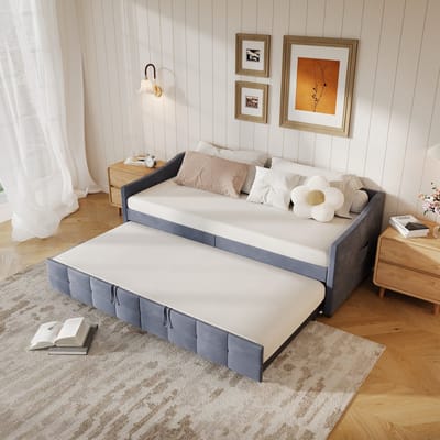 Uitschuifbaar slaapbank 90x200cm, slaapbank, gestoffeerd uitschuifbed, logeerbed, fluwelen stoffen bed, uitschuifbaar tot 2 eenpersoonsbedden, slaapbank voor volwassenen 2 personen, zonder matras (grijs) - Verdeeld in 2 pakketten voor verzending