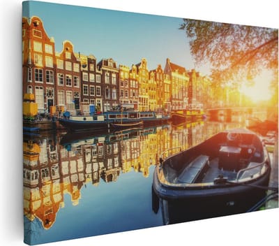 Artaza Canvas Schilderij Amsterdamse Grachten - 30x20 cm - Klein - Wanddecoratie Skyline - Muurdecoratie Zon - Kamer Accessoires Boot