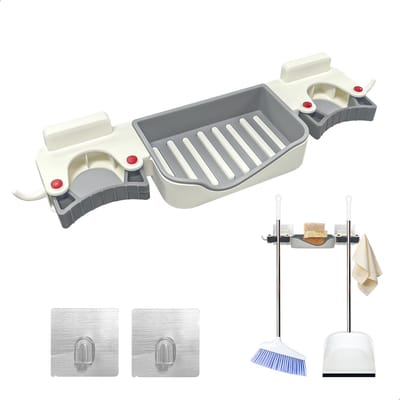 Dailygoods- Bezemhouder Zelfklevend - Bezemhouder met 2 Haken - Multifunctionele Houder - Wandbeugel voor Tuingereedschap - Geschikt voor Binnen en Buiten - Weerbestendig Kunststof - Gereedschaphouder