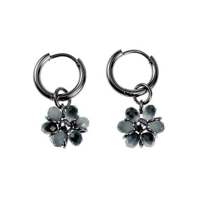 ∅14mm x 2mm Oorringen Dames - Gepolijst RVS - Grijze-Groen Gefacetteerde Kristallen Bloem Hanger - Bungelende Oorbellen