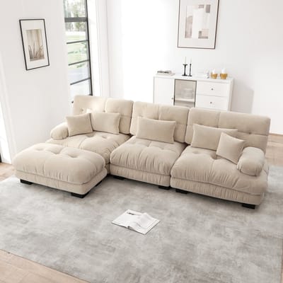 Luxe Modulaire L-Vormige Wolkensofa - Chenille Bekleding - Lichtbruin - Inclusief Hocker - Diepe Zit - Geschikt Voor Diepe Slaap