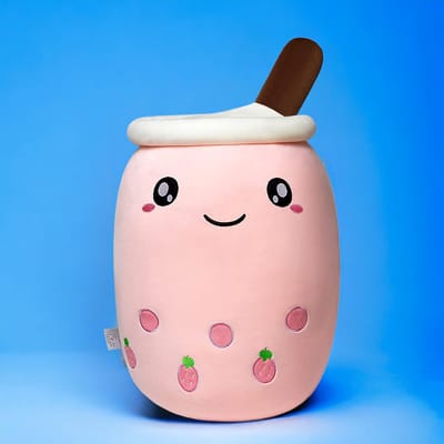 Klikkopers® - XXXL Kawaii Kussen - Mega Grote Bubble Tea Knuffel - 65cm tot 75cm - Boba Knuffel - Roze Aardbei Knuffel - Squishy - Squish Knuffel