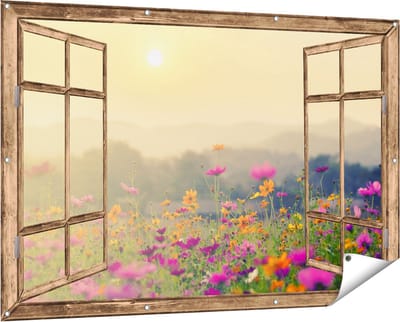 Gards Tuinposter Doorkijk Bloemenveld met Kosmos - Zonsondergang - 150x100 cm - Tuindoek - Tuindecoratie - Wanddecoratie buiten - Tuinschilderij