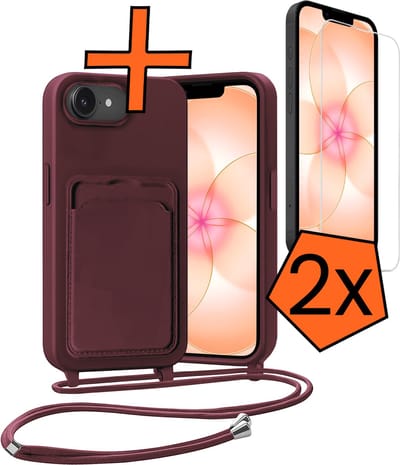 Hoesje Geschikt voor iPhone 17e Hoes Met Telefoonketting Met 2x Screenprotector - Backcover Geschikt voor iPhone 17e Case Met Koord - Aubergine
