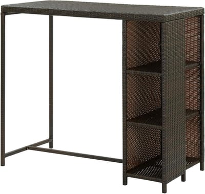 Tidyard Bartafel voor de tuin, met legplanken, van polyrotan, 120 x 60 x 110 cm, schiereiseltafel met legplank, hoge tafel van rotan, bartafel voor buiten, terras
