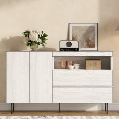 Buffetkast Wit - Modern Dressoir met 2 Deuren en 2 Lades - Greepvrije Opbergkast met Open Vak - Woonkamer en Eetkamer - 140 cm