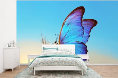 Behang - Fotobehang Vlinder - Paardebloem - Blauw - Breedte 350 cm x hoogte 260 cm