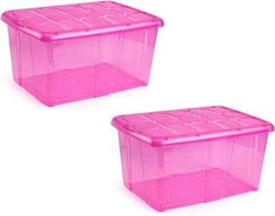 Plasticforte opslagbak organizers met deksel - 2x - transparant/roze - 60 liter - kunststof