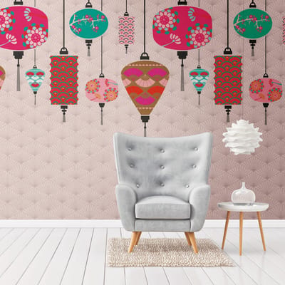 Fotobehang Profhome 382481-GU vliesbehang hardvinyl warmdruk in reliëf glad met aziatisch patroon mat roze turquois grijs bruin 1,59 m x 2,8 m