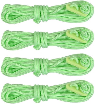 Benson Scheerlijnen/tent haringen touw met gatspanners - set 8x stuks - glow in the dark - 3 meter - voor kamperen - fluor groen