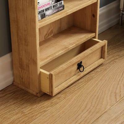 Boekenkast met Lade 96 x 50 x 17.5 cm Smalle Houten Kast van Massief Grenen met 4 Planken en 1 Lade Rustieke Vintage DVD Kast Opbergrek voor Woonkamer Slaapkamer en Kantoor Bella
