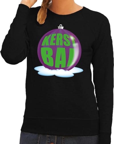 Foute kersttrui kerstbal paars op zwarte sweater voor dames - kersttruien XS