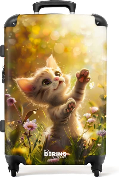 NoBoringSuitcases.com® - Kinderkoffer groot - Kindertrolley koffer - Jonge kitten in zonovergoten bloemenveld - Rolkoffer lichtgewicht - Reiskoffer met 4 wielen - Grote trolley XL - 20 kg bagage