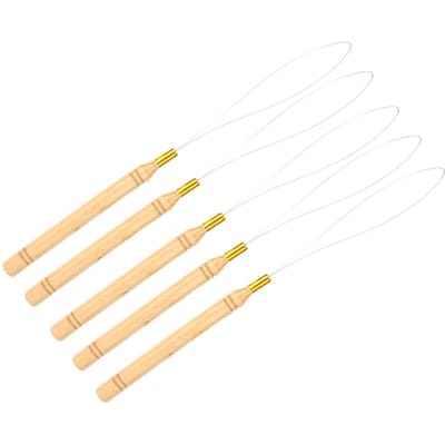 Lot de 5 aiguilles à boucle pour extensions de cheveux, enfile-fil en bois, crochet de traction pour extension de cheveux beige