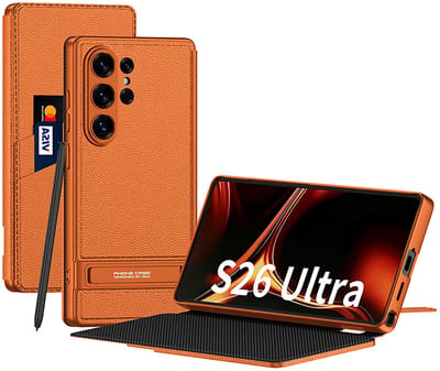Casemania Hoesje Geschikt voor Samsung Galaxy S26 Ultra - Oranje - Luxe Dunne Book Case met Pasjeshouder en Kickstand