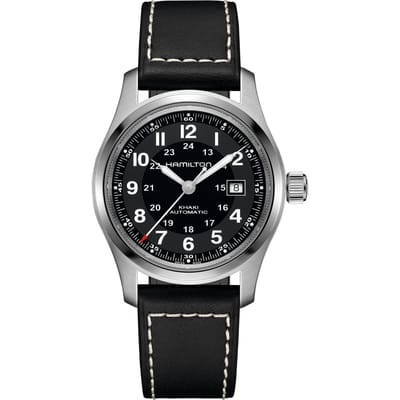 Hamilton Khaki Leren Band Zwarte Wijzerplaat Automatisch H70605733 100M Herenhorloge zwart