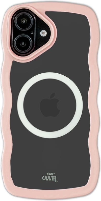 xoxo Wildhearts Magnetische Wavy Case - Roze telefoonhoesje - Geschikt voor iPhone 16 Plus MagSafe - Golvend hoesje - Wolken hoesje - Schokbestendig - Cloud Case met magneet ring - Silicone case - Transparant / Roze