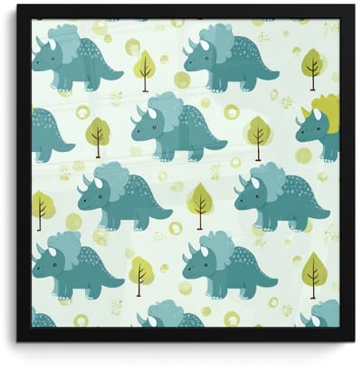 Poster in lijst - Fotolijst 40x40 cm - Posters - Triceratop - Blauw - Stippen - Boompjes - Posterlijst zwart - Decoratie - Wanddecoratie woonkamer - Muurdecoratie slaapkamer
