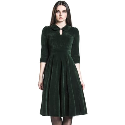H&R London - Rockabilly Midi-jurk - Glamorous Velvet Tea Dress - XS tot 3XL - voor Vrouwen - donkergroen