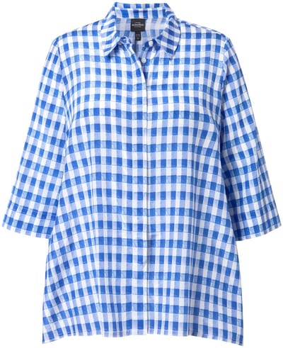Ulla Popken - Dames - Geruite blouse puntzoom oversized overhemdkraag 3/4-mouwen - Sneeuwwit - Maat 46+