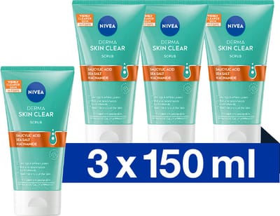 NIVEA DERMA Skin Clear Face Scrub Gezicht - Gezichtsscrub - Gezichtsreiniger - Voor de onzuivere huid - Met Salicylzuur (AHA) en Niacinamide - Anti Acne, Puistjes en Mee-eters - 3x150 ml