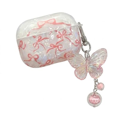 Wit transparant parelmoer hoesje voor oordopjes dames met roze strik patroon en vlinder hanger geschikt voor AirPods Pro 2 hardcase beschermhoes