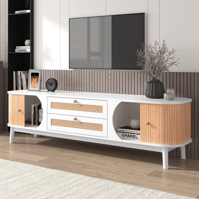 Tv-meubel in Scandinavische stijl - TV-bankje - TV-kast met opbergruimte - met twee lades - houtnerf - Wit