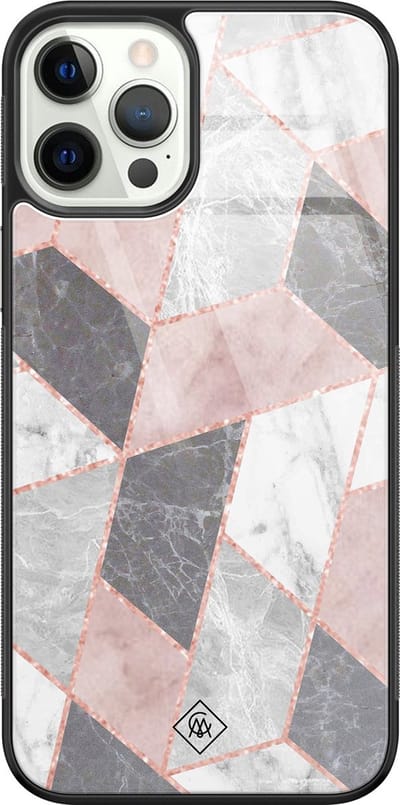 Casimoda® hoesje - Geschikt voor iPhone 12 Pro - Stone grid marmer / Abstract marble - Luxe Hard Case Zwart - Backcover telefoonhoesje - Roze