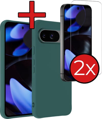 Hoesje - Met 2x Screenprotector - Geschikt voor Google Pixel 9 - Sterk & Shockproof - Telefoon Hoes - Back Cover - Siliconen Case - Telefoonhoes - Donkergroen