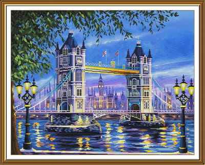 Borduurpakket Nova Sloboda - Tower Bridge at Night - Tower Bridge in de Nacht - bedrukte achtergrond