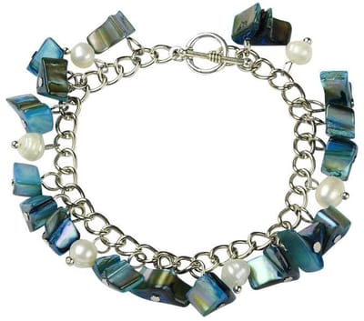 Zoetwaterparel en parelmoeren armband Pearl Petrol Shell Chip - echte parels - parelmoer - wit - blauw - zilver - bedelarmband - sieraden zakje