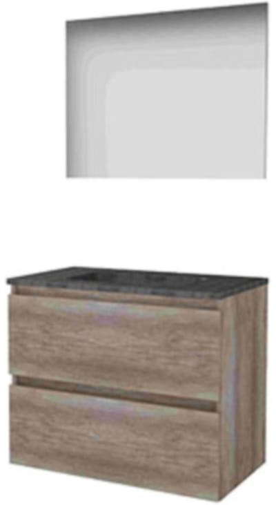 Basic-Line Basic 46 Badkamermeubelset - 80 x 46 cm - Greeploos - 2 Lades - Hardstenen Wastafel - Zonder Kraangat - Spiegel - Scotch Oak