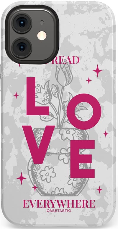 Casetastic hoesje geschikt voor Apple iPhone 12 Mini - Dubbellaagse bescherming - Spread Love Everywhere - Grijs Roze - Valentijn - Valentine - Fashion Case - Lichtgrijs Wit Roze