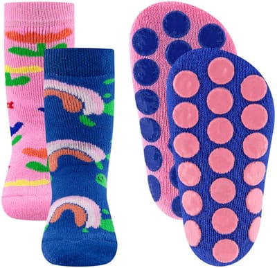 Antislipsokken Ewers Kindermaat - DUOPACK - Roze & Blauw met Rupsjes en Bloemen - Siliconen Noppen-