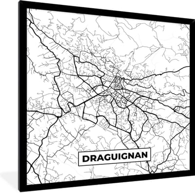 Fotolijst incl. Poster Zwart Wit- Stadskaart - Plattegrond - Kaart - Frankrijk - Draguignan - Zwart wit - 40x40 cm - Posterlijst