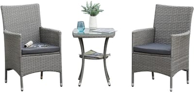 Bistroset - Tuinmeubel 3-delig - Tuinset van Polyrattan - Balkonset voor 2 Personen - Tuinmeubelset met 2 Stoelen + Tafel + Kussens - Zitgroep - Meubel - Loungeset - Meubelsets - voor Tuin, Balkon, Terras - Grijs