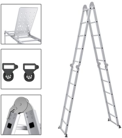 4 x 5 Treden - 6 in1 Ladder, Multifunctionele Ladder, aluminium scharnierladder, vouwladder, multifunctionele ladder, aluminium ladder, combiladder met platform,Belastbaar tot 150 kg-550 cm