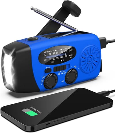 Noodradio - Noodradio Opwindbaar - 2000 mAh - Noodpakket - Opwindbaar - Solar - radio met zaklamp Zaklamp - Powerbank Noodradio - Noodradio Op Batterijen - blauw - Voor Noodsituaties/Rampen/Camping - Draagbare