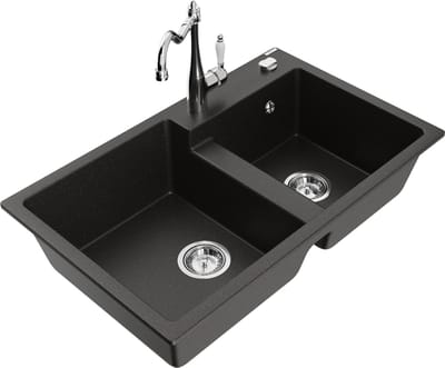 Mexen Tomas granieten gootsteen met 2 kamers en Carla keukenkraan, zwart/goud metallic - 6516-75-670700-00