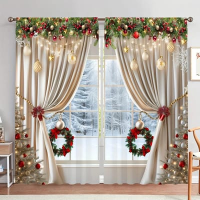 2 stuks Blauwe Kerst Sneeuwlandschap Gordijnen, Tunnelzoom Kerstman Auto Bedrukt Lichtfilterende Gordijnen Voor Keuken Woonkamer W65X60H(cm)X2Pcs&Hook