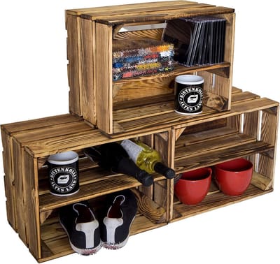 Set van 3 Gevlamde Houten Kisten Bella 40x30x25 cm - Robuuste Opbergkisten voor Interieur en Tuin