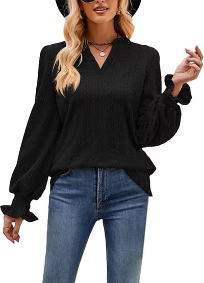 ASTRADAVI Casual Chic - Jacquard Dames V-Hals Blouse - Stijlvolle Top met Geplooide Mouwen - Zwart / Small
