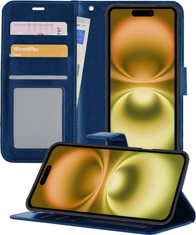 Hoesje - Met Pasjeshouder - Geschikt voor Apple iPhone 16 - Luxe Bookcase Portemonee - Flip Case - Kunstleer Book Case - Flipcase - Book Cover - Walletcase - Portemonneehoes - Telefoonhoesjes - Donkerblauw