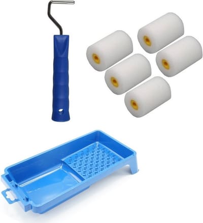 5x verfrollers / schuimrollers fijn incl rollerbeugel en verfbakje - 5 cm - geschikt voor diverse soorten verf - schilderbenodigdheden