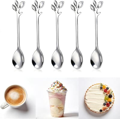 5-delige lepelset van roestvrij staal, bladvormige koffielepels, lange ijslepel en dessertlepel voor koffie, thee en ijs, ideaal voor keukenaccessoires en tafeldecoratie