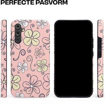 Casetastic hoesje geschikt voor Samsung Galaxy A34 (2023) 5G - Dubbellaagse bescherming - Pastel Perzik Doodle Peach Bloemen - Fashion Case - Zand Zilver Lichtroze