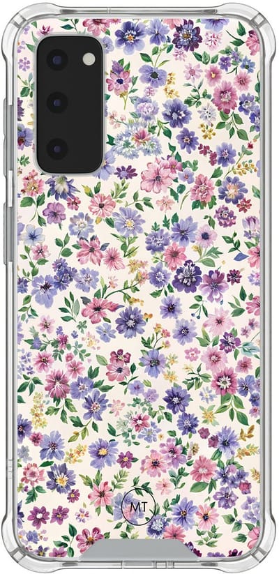 Hoesje (shockproof) geschikt voor Samsung Galaxy S20 FE - Paarse bloemen - Extra sterke case - TPU/polycarbonaat - Bloemen - Paars, Transparant