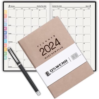 Weekplanner 2024 - Verticaal A5 - Geel Papier 100 g/m² - Maandkaart - Penhouder - Binnenzak - Vaste Omslag PU-leer - Plannertje