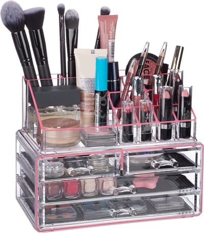 make up organizer - 4 lades - 20 vakken - cosmetica - nagellak - lippenstift houder - 2-delig - transparant-roze